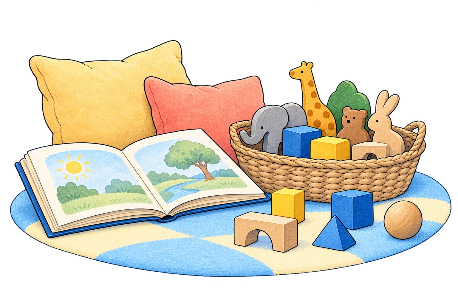 A picture book, soft cushions, wooden figures and blocks arranged for play