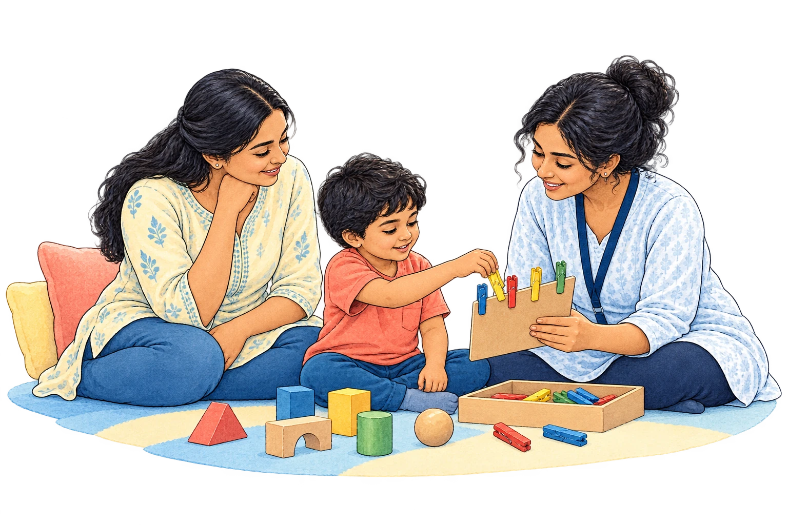 Illustration of a child and an adult working through a hands-on activity together