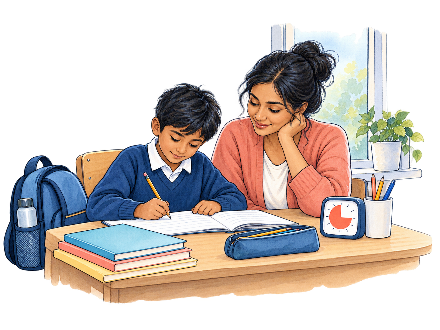 A school-age child works at a desk with a supportive parent nearby